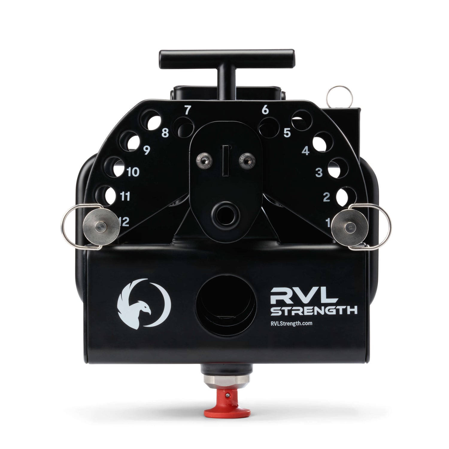 Straight-on view of RVL Strength main mount assembly highlighting logo and website URL and 12-position spotter pin component 