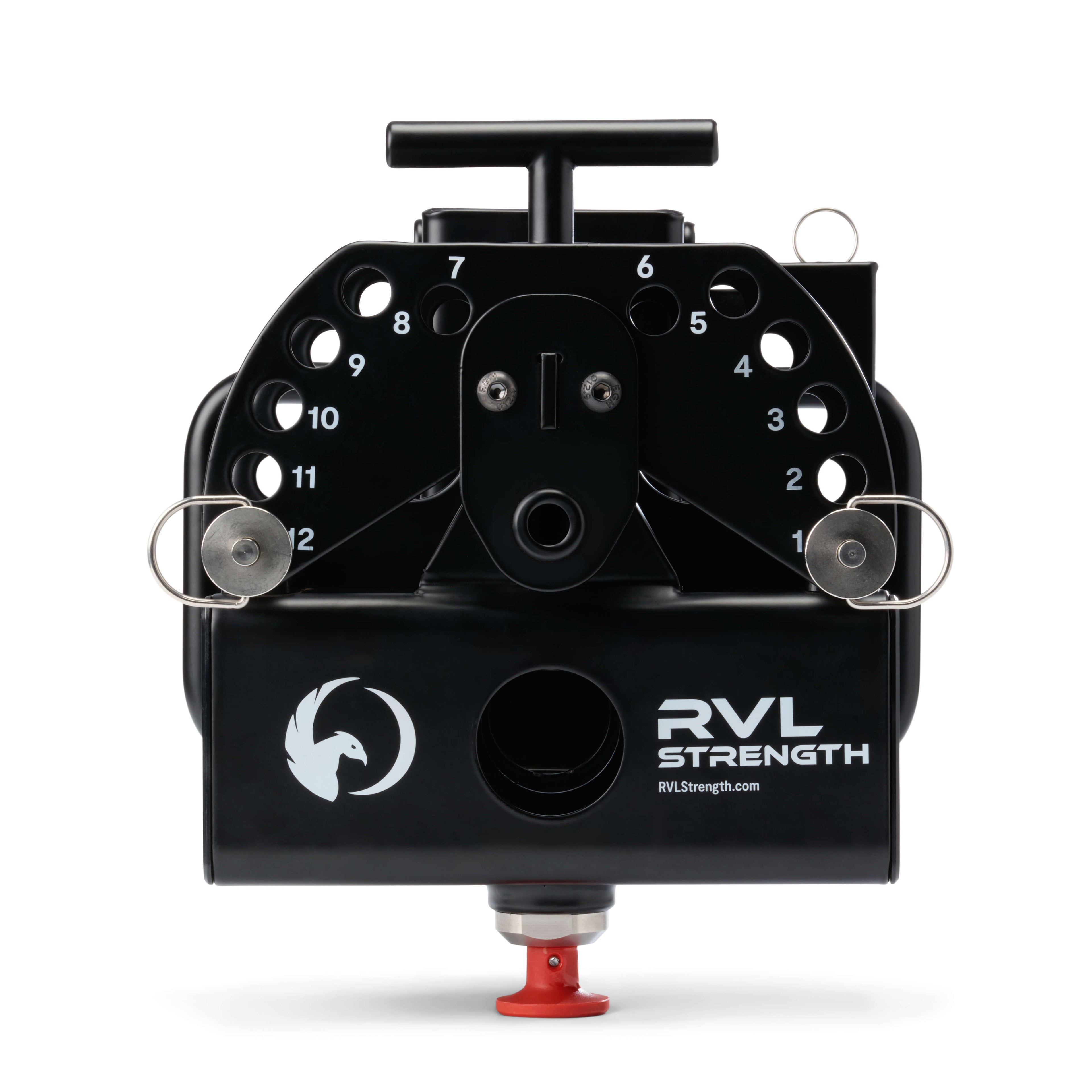 Straight-on view of RVL Strength main mount assembly highlighting logo and website URL and 12-position spotter pin component 