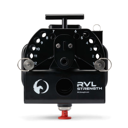 Straight-on view of RVL Strength main mount assembly highlighting logo and website URL and 12-position spotter pin component 