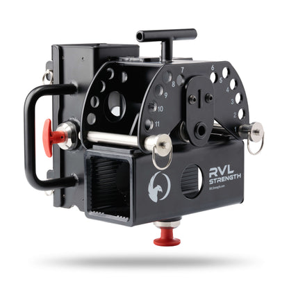 Front angle view of RVL Wings main mount assembly, highlighting rack attachment, T-handle grip, and 12-position spotter pin settings 